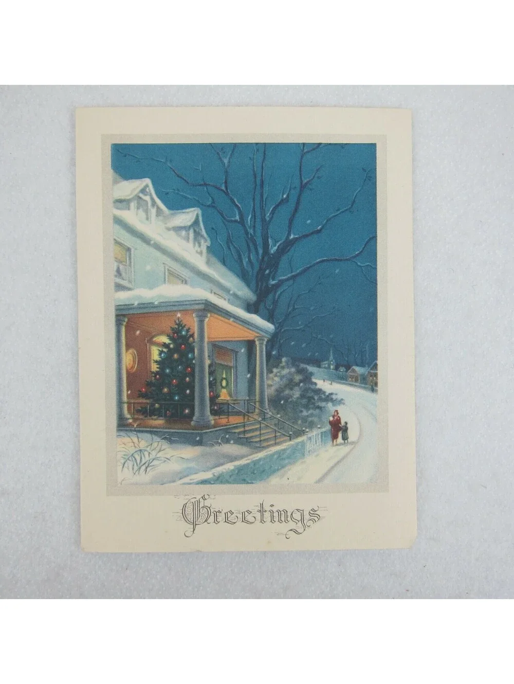 Vintage Litho Greeting Christmas Card & Envelope Snowy Night House Tree UNSIGNED